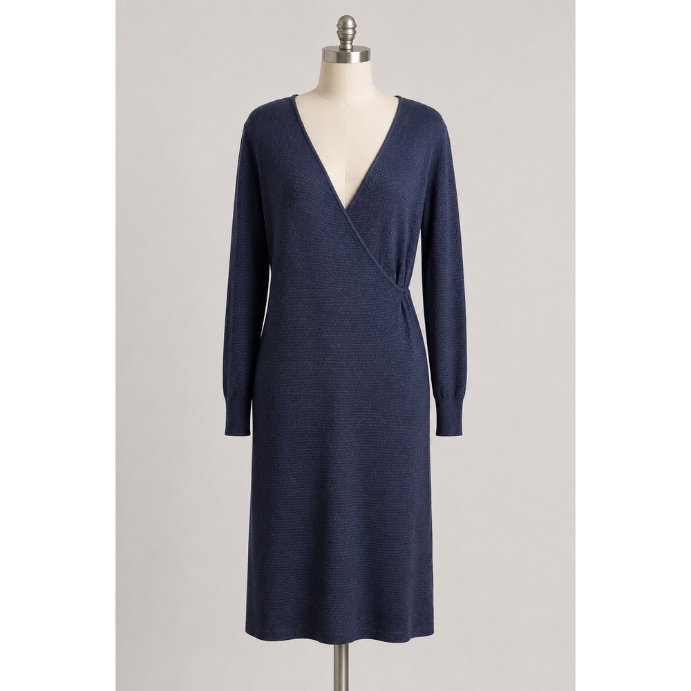 prAna Sweater Dress Women XS Blue Tencel Wool Blend Faux Wrap Long Sleeve Knit